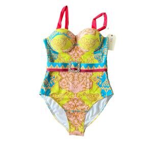 NEW w/Tag Sexy Blue Yellow Rhinestone Belt One Piece Bathing Suit Push Up Sz S/M